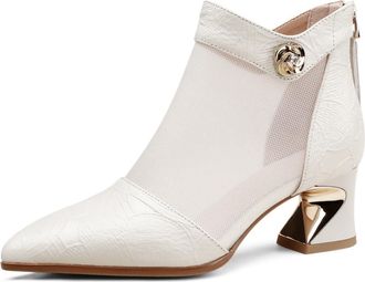 TinaCus Pointed Toe Handmade Back Zipper Womens Chunky Heels Embossed Genuine Leather & Breathable Mesh Ankle Boots, Off-white, 7.5 UK