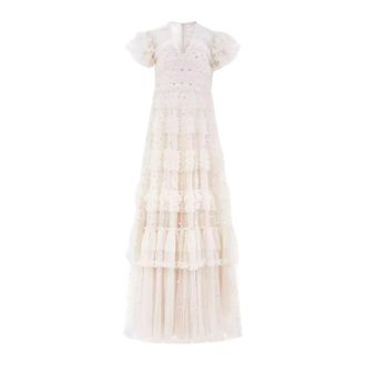 Needle & Thread Vivian V-Neck Gown - Dames - Avondkleed - Beige - XS - Polyester - Kleedjes