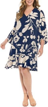 London Times Floral Print Ruffled High-Low Shift Dress in Navy/Ivory at Nordstrom Rack, Size 1 X