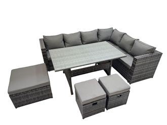 Fimous 9 Seater Patio Dining Corner Sofa Set with 3 Footstool Dark Grey Mixed