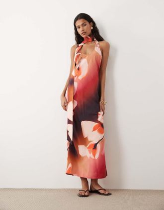 Asos Vestito lungo tecnico rosa a fiori con scollo rotondo e foulard-Multi