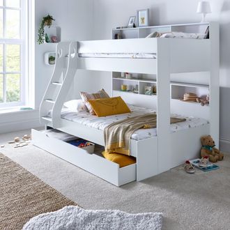 Bedmaster Oliver Triple Sleeper Storage Bunk Bed Without Drawer With Spring Mattresses in White | Size: Small Double