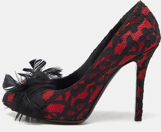 Dolce & Gabbana Red/Black Feather and Crystal Embellished Lace and Satin Pumps Size 37.5