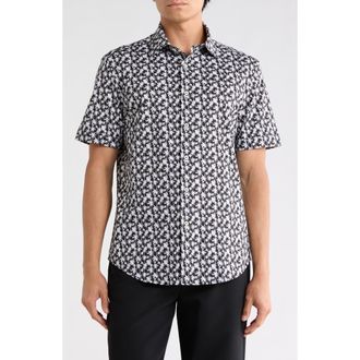 Bugatchi OoohCotton Palm Tree Print Short Sleeve Button-Up Shirt in Black at Nordstrom Rack, Size Xxx-Large