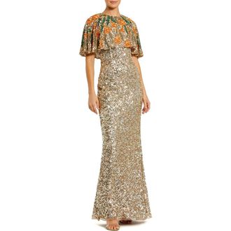 Mac Duggal Embellished Floral Beaded And Sequin Cape Gown in Gold Multi at Nordstrom, Size 10