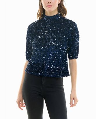 Nicole Miller Ava Velvet Sequin Short Sleeve Top In Navy