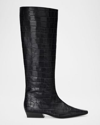 Staud Wally Croc-Embossed Leather Flat Knee-High Boots