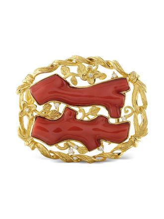 Luxury Bazaar 18K yellow gold diamond coral brooch - women - 18kt Yellow Gold/Diamond/Coral - One Size