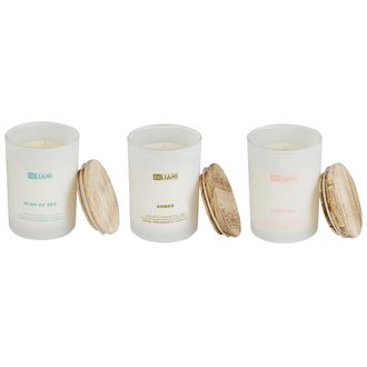 Beliani Conjunto De 3 Velas Arom&aacute;ticas 100% Cera De Soja Mecha De Algod&oacute;n Vidrio Blanco Fragancia Cuero/brisa Marina/&aacute;mbar Vidrio Cl&aacute;sico Simplicity