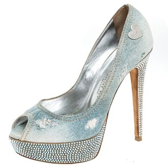 Philipp Plein Phillip Plein Blue Crystal Embellished Distressed Denim Peep Toe Platform Pumps