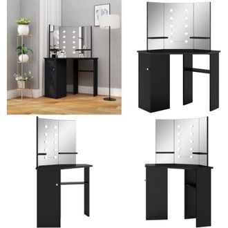 vidaXL Tavolino da Trucco Angolare con LED Nero 111x54x141,5 cm - Specchio a 3 pannelli - Lampadine LED