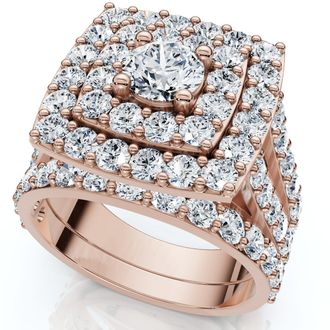 Pompeii3 3Ct Cushion Halo Diamond Engagement Wedding Ring Set Lab Grown 10k