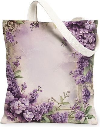 Generic Spring Lilac Flower Canvas Tote Bag for Shopping 13x15, Farmhouse Country Floral Reusable Grocery Print Bag for Women Men, Retro Farm Aesthetic Painti