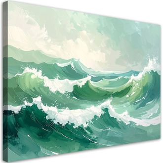Feeby Cuadro Sobre Lienzo, Olas Del Mar Paisaje En Tonos Pastel Mar Verde, 120x80