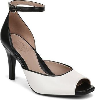 Naturalizer Asha Ankle Strap Peep Toe Pump in Warm White/black at Nordstrom, Size 5.5