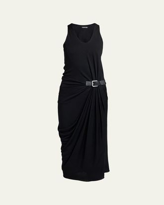 Tom Ford Buckle Gathered Crepe Jersey Sleeveless Midi Dress