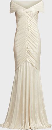 Tadashi Shoji Ruched Off-Shoulder Shimmer Jersey Gown