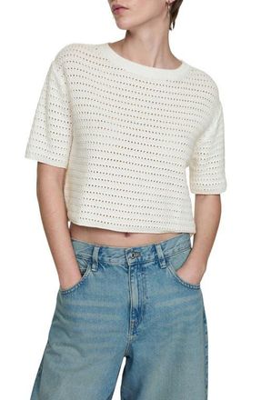 Mango Open Stitch Short Sleeve Crop Cotton Sweater in Off White at Nordstrom, Size Small
