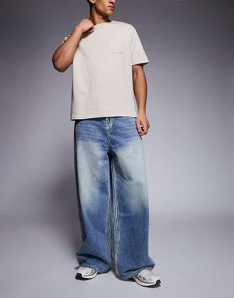True Religion Mikey - Jeans super ampi blu slavato con tasche con patta