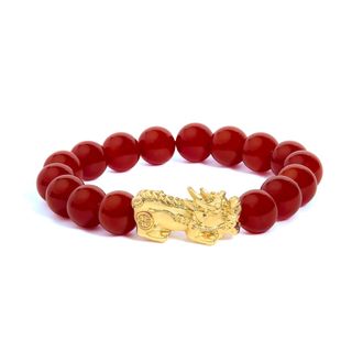 House of Brilliance 18K Yellow Gold Dragon Charm Red Agate Beaded Charm Bracelet