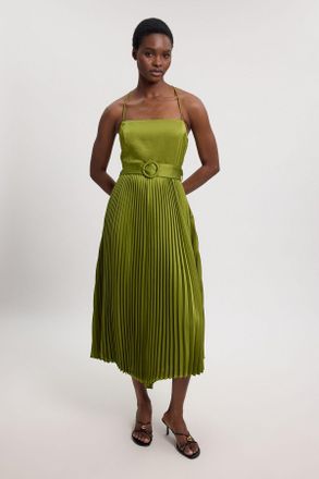 Karen Millen Womens Satin Pleated Woven Midi Dress - Khaki - Size 16 UK