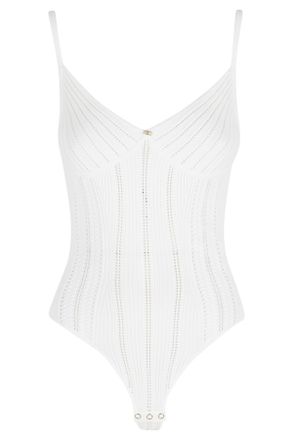 Elisabetta Franchi Ivory Body Tricot Rhinestones Viscose-Blend Bodysuit