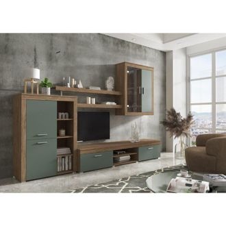 Dmora Pared Modular Casies, 11 Estantes, Puertas Batientes Y Abatibles, 293x50x193h Cm, Marr&oacute;n Roble