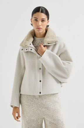 Brunello Cucinelli Hand-crafted outerwear jacket in virgin wool and cashmere double cloth with detachable shearling insert in Ivory at Nordstrom