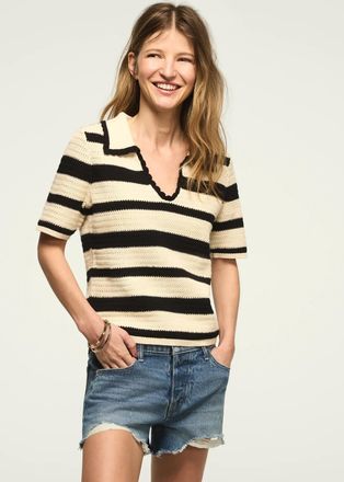 Lucky Brand Womens Crochet Striped Polo Sweater