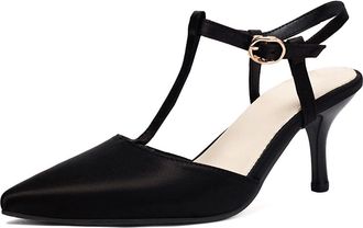 Generic Womens Stiletto High Heel Wedding Pumps Pointed Toe Satin Bridal Shoes T-Strap Party Prom Dress Sandals with Buckle,Black,7.5 UK