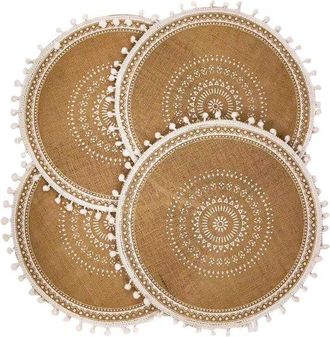 OEM Manteles Individuales, Manteles Redondos Modernos De Invierno Tejidos En Color Beige Y Oto&ntilde;o, Juego De 4 Piezas (bolas Blancas)