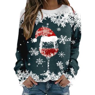 Generic Women Christmas Sweater Teen Girls UK Long Sleeve Round Neck Sweatshirt Funny Holiday Cute Snowflake & Wine Glass Print Xmas Shirts Novelty Casual Loo
