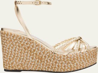 Jimmy Choo London 100mm Dree Metallic Leather Espadrille Wedge Sandals