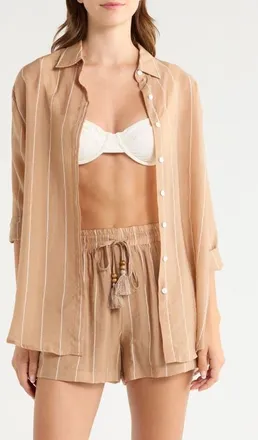 Elan Stripe Oversize Cotton Button-Up Cover-Up Shirt in Tan at Nordstrom, Size X-Large