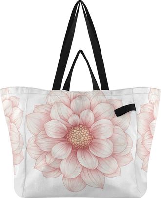 Generic Pink Flower pattern Reusable Canvas Tote Bag, Heavy Duty Grocery Shopping Bag with Double Handles Large Capacity Hard Bottom Work Groceries Travel