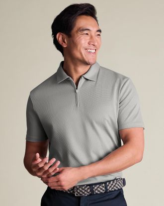 CHARLES TYRWHITT Performance Textured Zip-Neck Cotton Polo - Light Grey Size Medium by Charles Tyrwhitt
