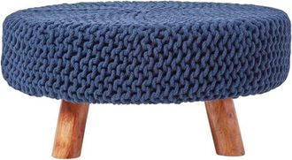 Homescapes Navy Blue Large Round Cotton Knitted Footstool on Legs - Homescapes