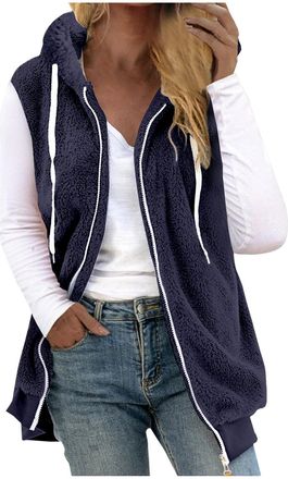 Generic Womens Fleece Gilet with Hooded Sherpa Fluffy Vest Sleveless Jacket Plus Size Zip Up Longline Teddy Fleece Waistcoat Solid Color Ladies Autumn Winter 