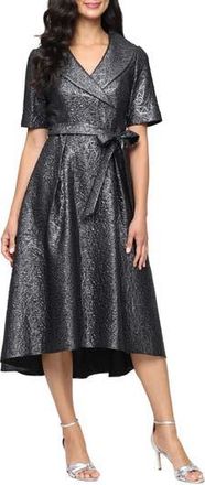 Alex Evenings Faux Wrap Metallic Jacquard Cocktail Midi Dress in Gunmetal at Nordstrom Rack, Size 14