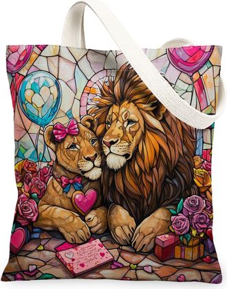 Generic Valentines Day Lion Canvas Tote Bag for Shopping 13x15, Stained Glass Animal Couple Reusable Grocery Print Pattern Bag for Women, Wildlife Beach Aesth