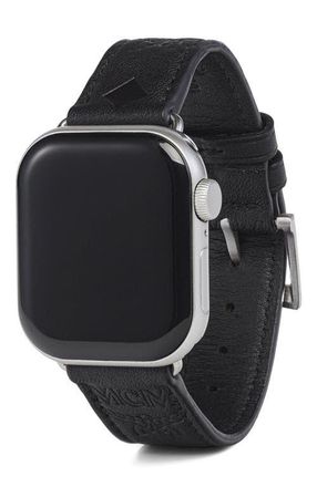 MCM Apple Watch Band in Embossed Monogram Leather in Black at Nordstrom
