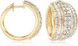 Ross-Simons Round and Baguette Diamond Hoop Earrings in 18kt Gold Over Sterling