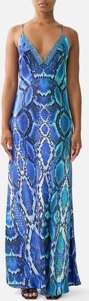 Camilla V Neck Full Length Bias Slip Dress in The Sapphire Serpent at Nordstrom, Size Medium