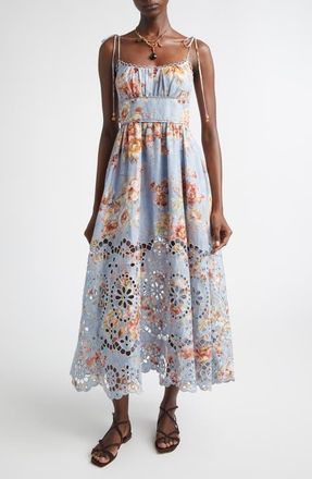 Zimmermann Awaken Picnic Eyelet Embroidered Linen Sundress in Chambray Floral at Nordstrom, Size 0P