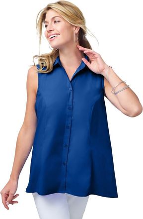 Jessica London Stretch Cotton Poplin Sleeveless Shirt in Dark Sapphire at Nordstrom, Size 12