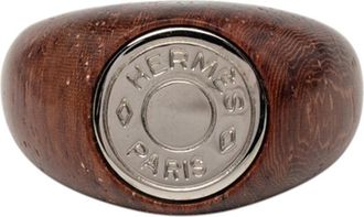 Herm&egrave;s Silver Brown Metal Wood Band Ring (Pre-Owned)
