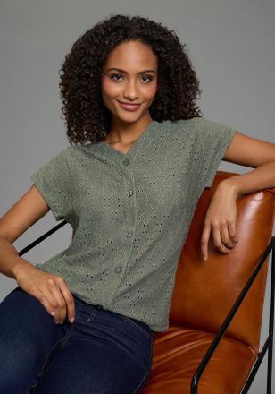 Kangaroos T-Shirt KANGAROOS, Damen, Gr. 32/34, khaki, Jersey, Obermaterial: 98% Polyester, 2% Elasthan, figurumspielend h&uuml;ftlang, V-Ausschnitt, angeschnitten ab