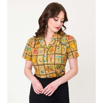 Unique Vintage 1940s Notched Collar Blouse in Brown Tarot Print at Nordstrom, Size X-Small