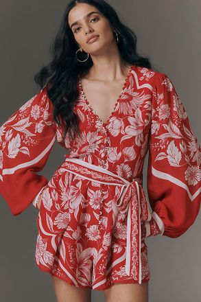 Farm Rio Anthropologie x Farm Rio Belted V-Neck Balloon-Sleeve Romper