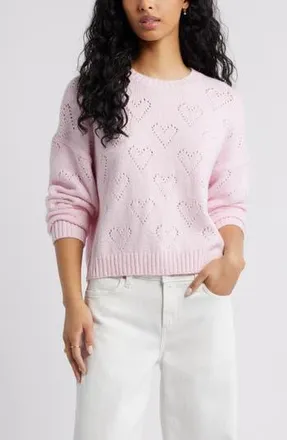 BP. Pointelle Heart Cotton Blend Sweater in Pink Soda at Nordstrom Rack, Size Large